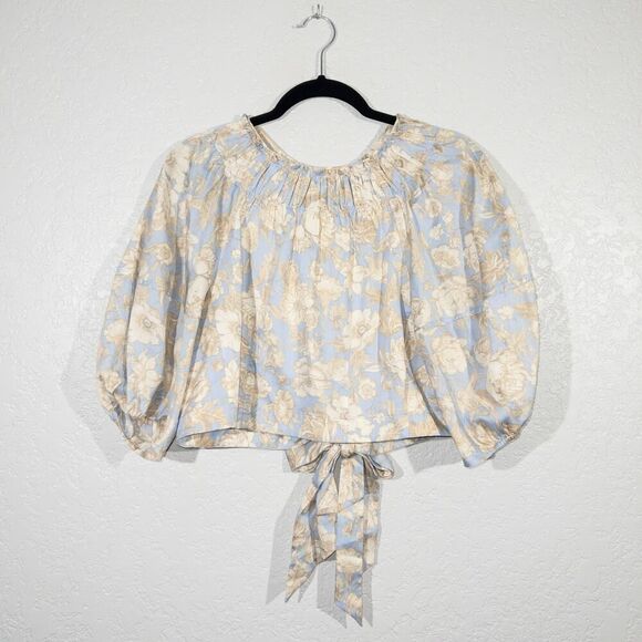 New Rebecca Taylor Blue Sky‎ Satin Leaf Floral Open Back Top Size 8 - Picture 2 of 12